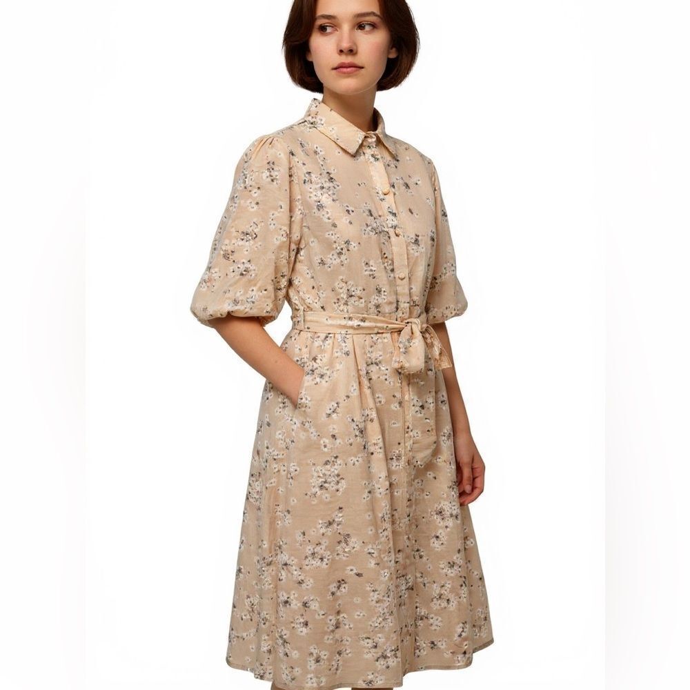 We Are Kindred Isobel Linen Button Down Belted Shirt Dress in blush floral 10